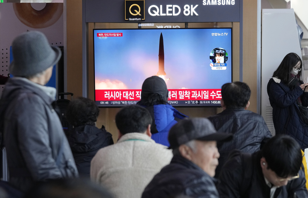 A TV screen shows a file image of North Korea's missile launch during a news program at the Seoul Railway Station in Seoul, South Korea, Monday, March 18, 2024. North Korea fired multiple short-range ballistic missiles toward its eastern waters Monday morning, its neighbors said, days after the end of the South Korean-U.S. military drills that the North views as an invasion rehearsal.