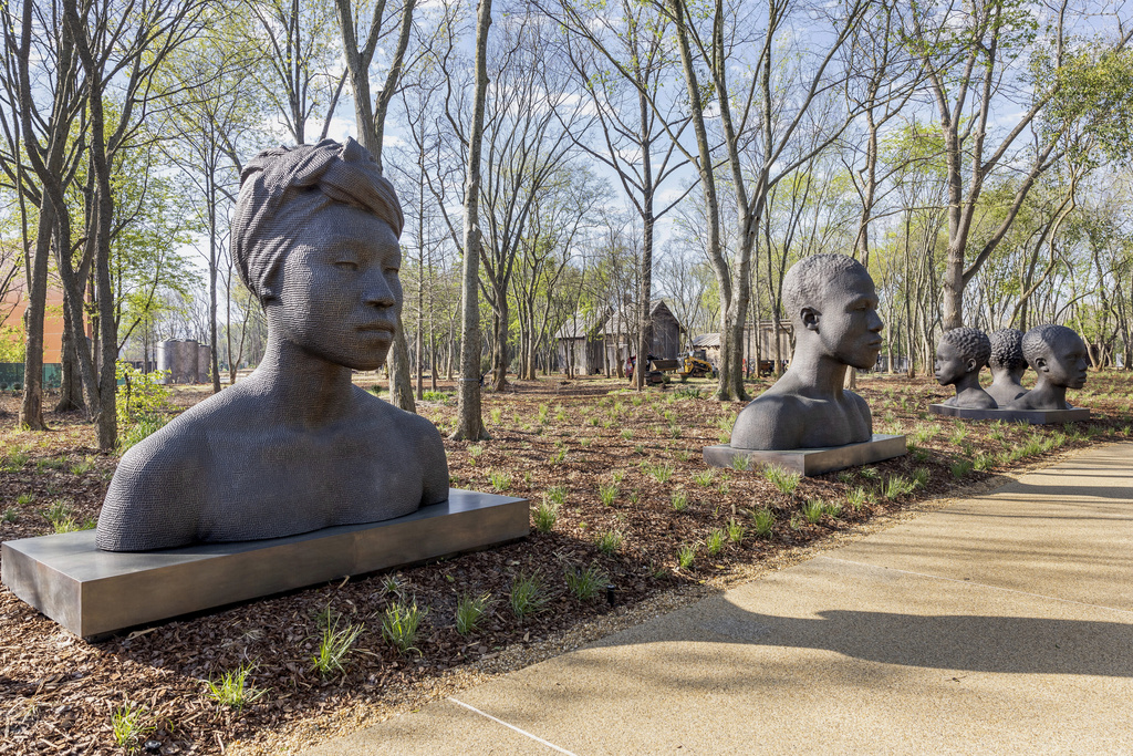 "Black Renaissance," by Rayvenn D'Clark, bronze, 2023, during a media tour of Equal Justice Initiative's new Freedom Monument Sculpture Park, Tuesday, March 12, 2024, in Montgomery, Ala.