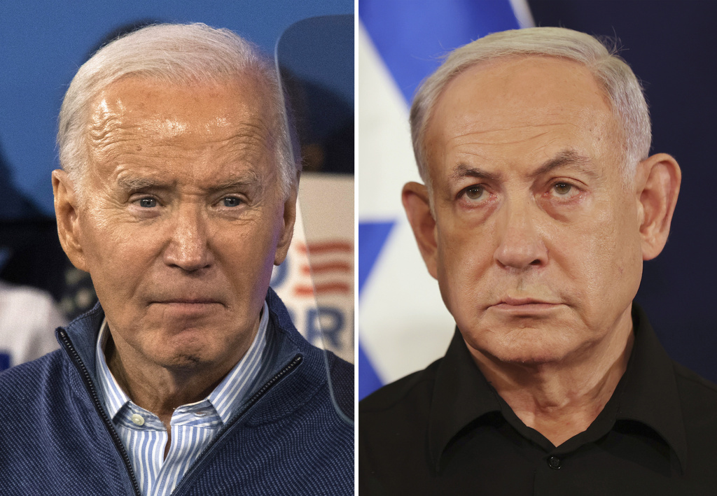 This combination photo shows President Joe Biden, left, on March 8, 2024, in Wallingford, Pa., and Israeli Prime Minister Benjamin Netanyahu in Tel Aviv, Israel, Oct. 28, 2023. Biden and Netanyahu spoke Monday, March 18,  in their first interaction in more than a month as the divide has grown between allies over food crisis in Gaza, conduct of war.