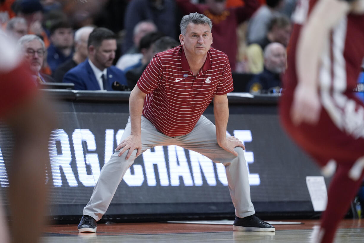 Washington State head coach Kyle Smith watches his team play against Iowa State in the second half of a second-round college basketball game in the NCAA Tournament, Saturday, March 23, 2024, in Omaha, Neb.