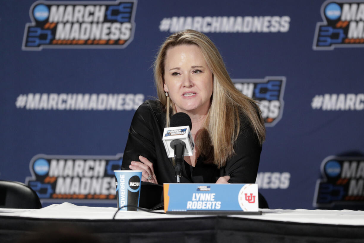 Utah head coach Lynne Roberts speaks during a press conference after a second-round college basketball game against Gonzaga in the NCAA Tournament in Spokane, Wash., Monday, March 25, 2024.