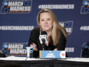 Utah head coach Lynne Roberts speaks during a press conference after a second-round college basketball game against Gonzaga in the NCAA Tournament in Spokane, Wash., Monday, March 25, 2024.