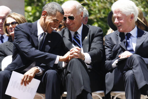 FILE - President Barack Obama, Vice President Joe Biden, and former President Bill Clinton attend at a memorial service for Sen. Robert Byrd, July 2, 2010, at the Capitol in Charleston, W.Va. Former Presidents Barack Obama and Bill Clinton are teaming up with President Joe Biden for a glitzy reelection fundraiser Thursday night at Radio City Music Hall in New York City. The event brings together more than three decades of Democratic leadership.
