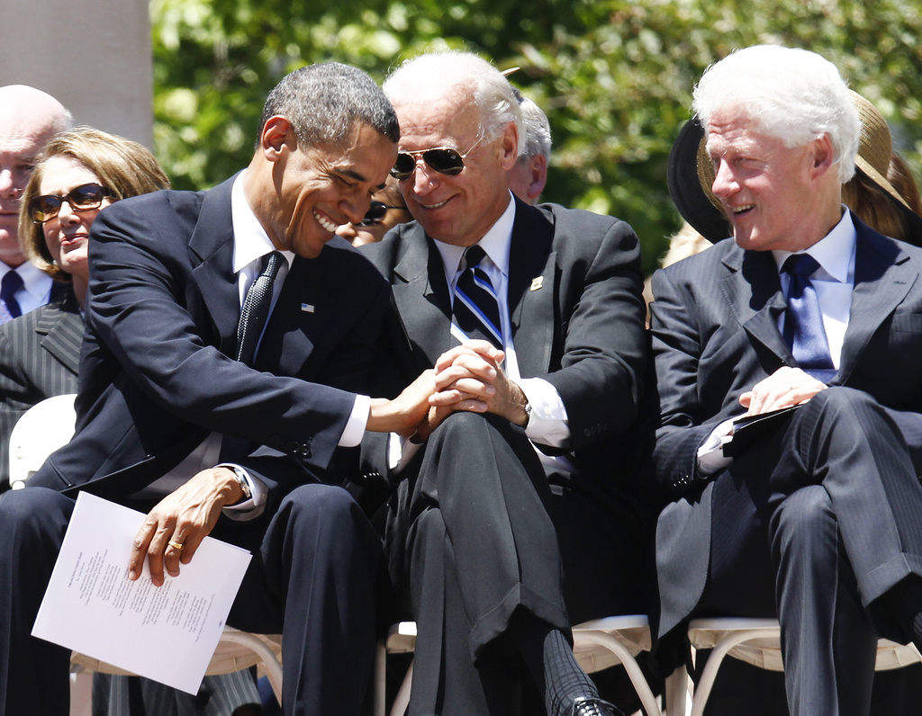 FILE - President Barack Obama, Vice President Joe Biden, and former President Bill Clinton attend at a memorial service for Sen. Robert Byrd, July 2, 2010, at the Capitol in Charleston, W.Va. Former Presidents Barack Obama and Bill Clinton are teaming up with President Joe Biden for a glitzy reelection fundraiser Thursday night at Radio City Music Hall in New York City. The event brings together more than three decades of Democratic leadership.