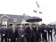 Former President Donald Trump speaks during a news conference after attending the wake of New York City police officer Jonathan Diller, Thursday, March 28, 2024,  in Massapequa Park, N.Y.  Diller was shot and killed Monday during a traffic stop, the city's mayor said. It marked the first slaying of an NYPD officer in two years.