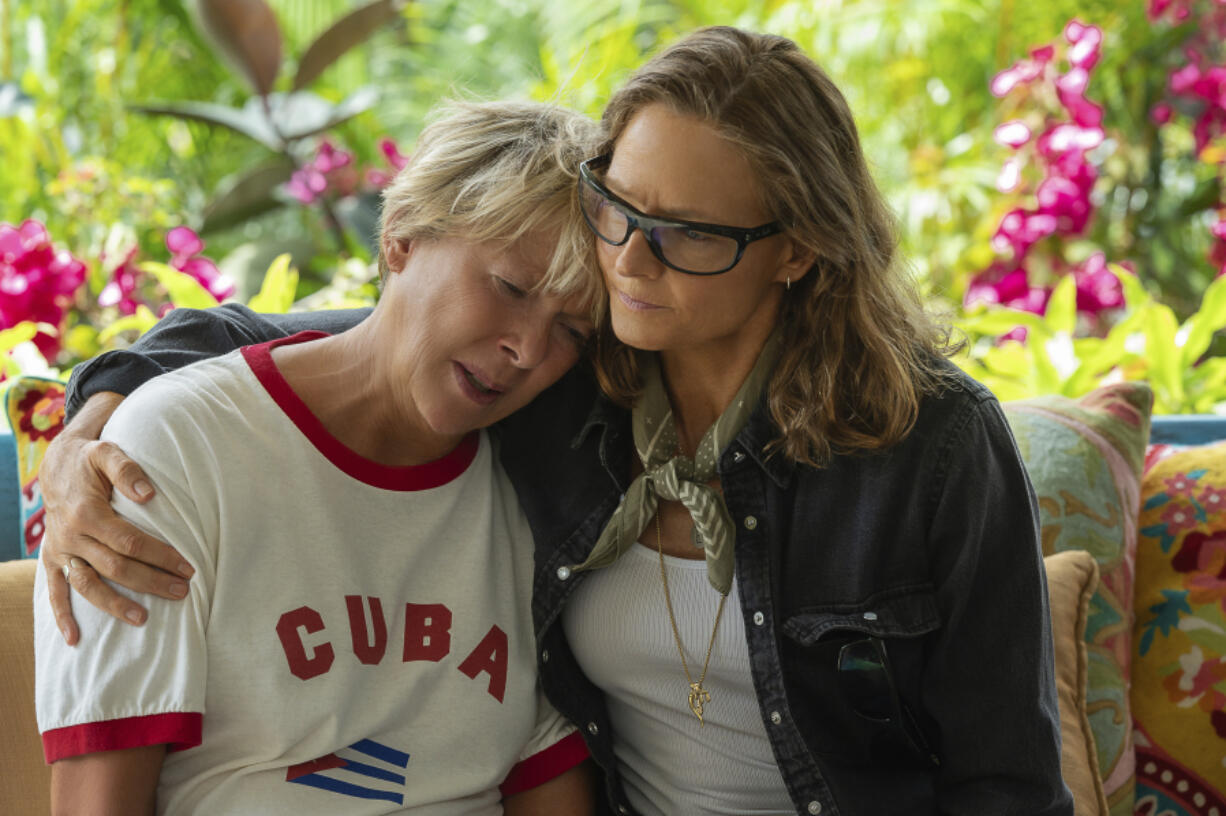 Annette Bening as Diana Nyad, left, and Jodie Foster as Bonnie Stoll, in &ldquo;Nyad.&rdquo; (Kimberley French/Netflix)