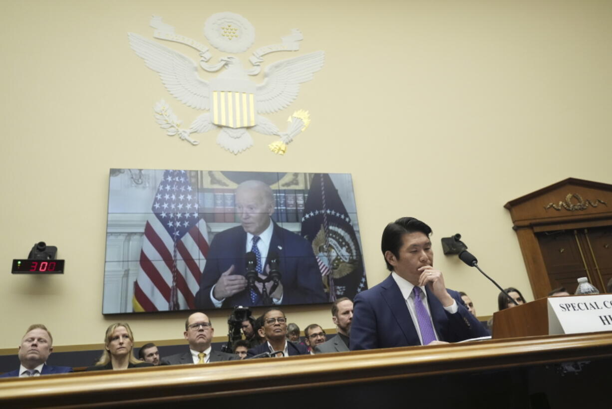 Department of Justice Special Counsel Robert Hur listens during a House Judiciary Committee hearing, Tuesday March 12, 2024, on Capitol Hill in Washington.