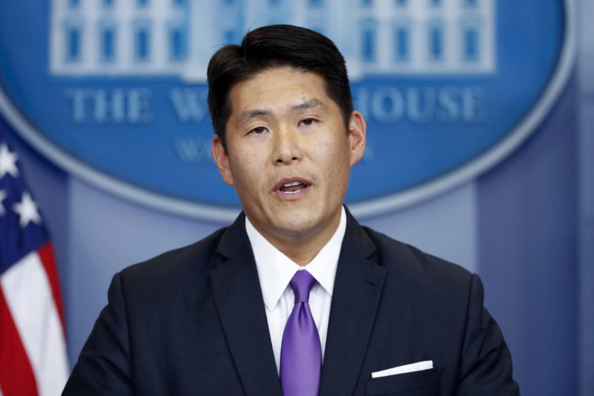 FILE - Principal Associate Deputy Attorney General Robert Hur speaks during a press briefing at the White House in Washington, July 27, 2017. The special counsel who impugned the president&rsquo;s age and competence in his report on how Joe Biden handled classified documents will himself be up for questioning this week. Hur, now the U.S. attorney appointed by Donald Trump, is scheduled to testify before a congressional committee on Tuesday, March 12, 2024, as House Republicans try to keep the spotlight on unflattering assessments of Biden.