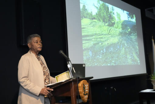 Thelma Sims Dukes speaks at Vicksburg National Military Park in Vicksburg, Miss., on Feb. 17, 2024, during the Remembrance and Libation Ceremony for Union soldiers killed or wounded in 1864 at Ross Landing, Arkansas. The National Park Service has broadened how it presents history in the military park with more information about Black soldiers who fought and died in the Civil War. (AP Photo/Rogelio V.