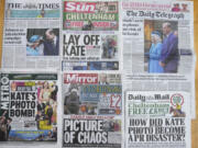 A montage of some of the front pages of Britain&rsquo;s newspapers, in London, Tuesday, March 12, 2024. The Princess of Wales has apologized for &ldquo;confusion&rdquo; caused by her altering of a family photo released by the palace. The image of Kate and her children was intended to calm concern and speculation about the princess&rsquo;s health, but had the opposite effect. Several news agencies that initially published the photo, including The Associated Press, withdrew the image over concerns about digital manipulation.