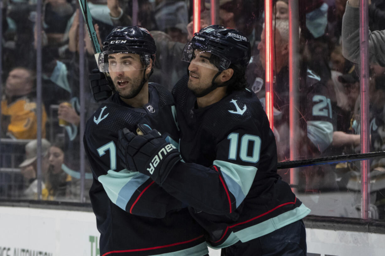 Seattle Kraken forward Jordan Eberle, left, is considered one of the team&rsquo;s most valuable assets should Seattle make more moves before Friday&rsquo;s noon trade deadline.