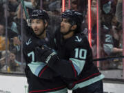 Seattle Kraken forward Jordan Eberle, left, is considered one of the team&rsquo;s most valuable assets should Seattle make more moves before Friday&rsquo;s noon trade deadline.