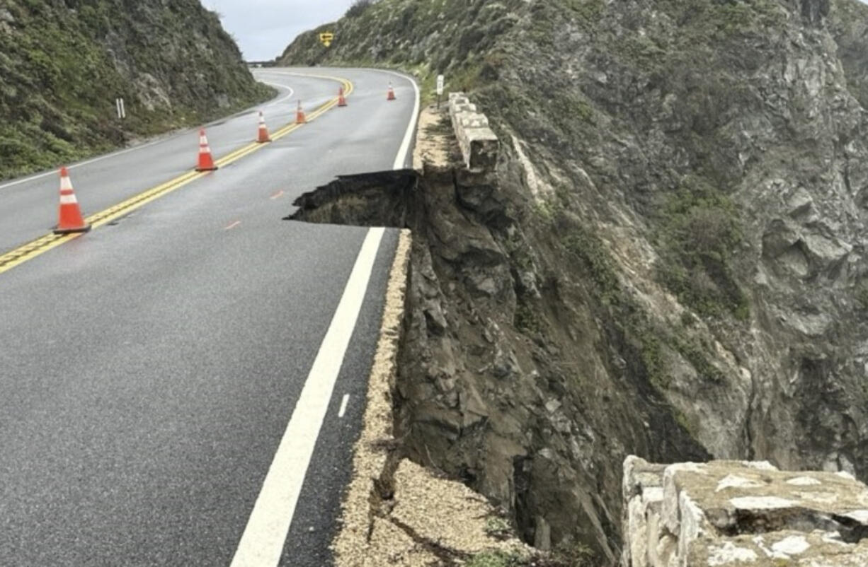 In this photo posted on social media by Caltrans District 5, the Rocky Creek closure on U.S. 1 is seen, Sunday, March 31, 2024, in Monterey County, Calif., following heavy rain in the area.