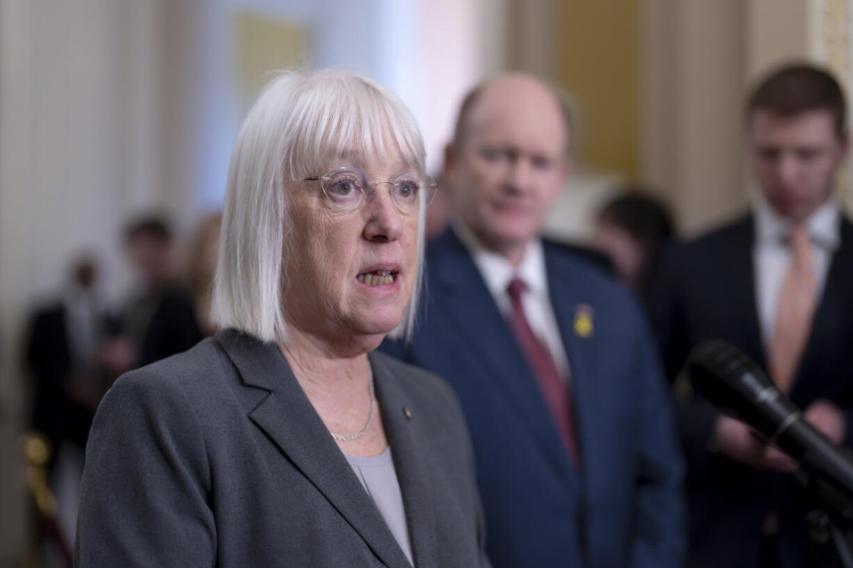 Senate Appropriations Committee Chair Patty Murray, D-Wash., speaks to reporters at the Capitol in Washington, Tuesday, March 12, 2024. (AP Photo/J.