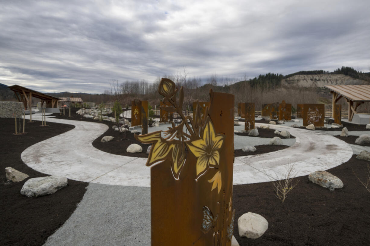 The memorial to victims of the Oso landslide, designed by local artist Tsovinar Muradyan and the Classic Foundry, is seen ahead of its opening on Feb. 17 in Oso.