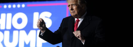 FILE - Former President Donald Trump dances at a rally at Wright Bros. Aero Inc. at Dayton International Airport on Nov. 7, 2022, in Vandalia, Ohio. Trump is heading to Ohio to rally support for Republican U.S. Senate candidate Bernie Moreno ahead of the March 19 primary.