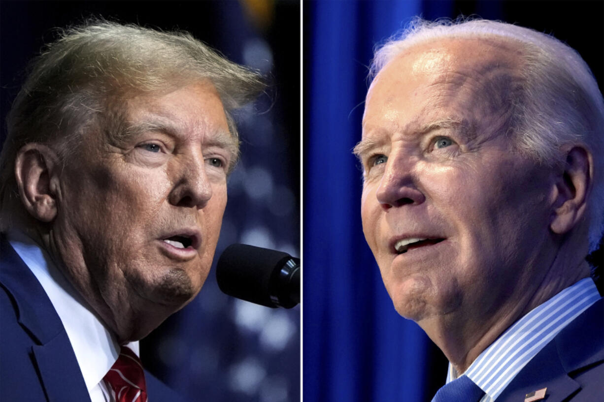 FILE - This combo image shows Republican presidential candidate former President Donald Trump, left, March 9, 2024 and President Joe Biden, right, Jan. 27, 2024.