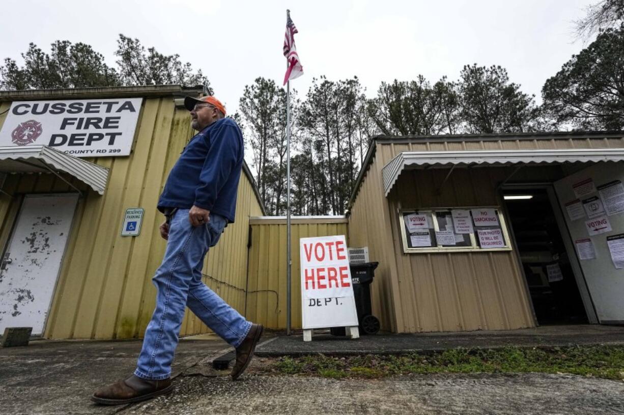 Robert Ward leaves the volunteer fire station after voting during a primary election, Tuesday, March 5, 2024, in Cusseta, Ala. Fifteen states and a U.S. territory hold their 2024 nominating contests on Super Tuesday.