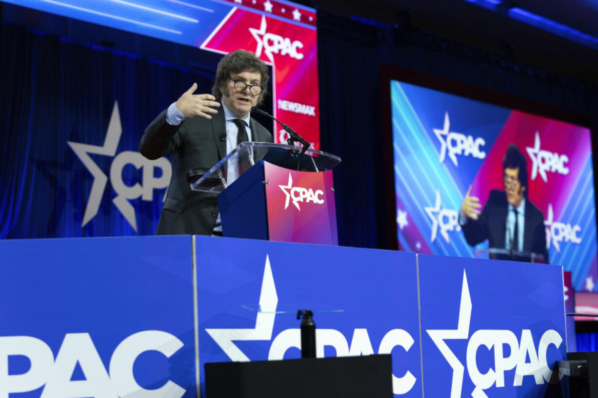 Argentina&rsquo;s President Javier Milei speaks during the Conservative Political Action Conference, CPAC 2024, at the National Harbor, in Oxon Hill, Md., Saturday, Feb. 24, 2024.