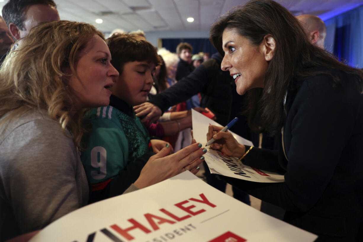 Republican presidential candidate and former United Nations Ambassador Nikki Haley greets supporters at a campaign event in Portland, Maine, Sunday, March 3, 2024.