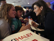 Republican presidential candidate and former United Nations Ambassador Nikki Haley greets supporters at a campaign event in Portland, Maine, Sunday, March 3, 2024.
