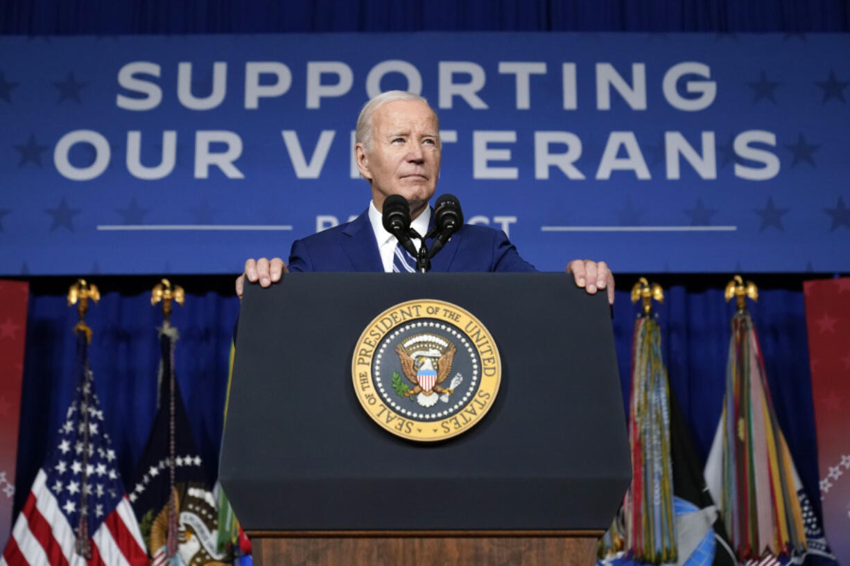 FILE - President Joe Biden speaks at the George E. Wahlen Department of Veterans Affairs Medical Center, Aug. 10, 2023, in Salt Lake City. Recent statements by Republican presidential candidate former President Donald Trump have fueled Democrats&rsquo; sense that there&rsquo;s an opening among voters with strong military ties, and progressive veterans&rsquo; organizations are working to bridge the gap with what has long been a reliably red constituency.