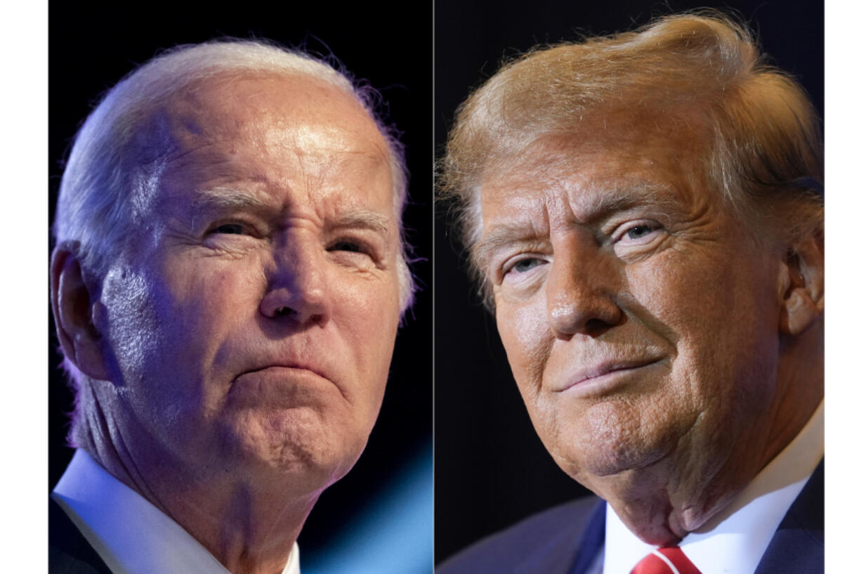 FILE - This combo image shows President Joe Biden, left, Jan. 5, 2024, and Republican presidential candidate former President Donald Trump, right, Jan. 19, 2024.  Biden and Trump have officially secured the requisite numbers of delegates to be considered their parties&rsquo; presumptive nominees. The designation allows the candidates to coordinate directly with the national Democratic and Republican parties, although they aren&rsquo;t considered official nominees until the summer conventions.