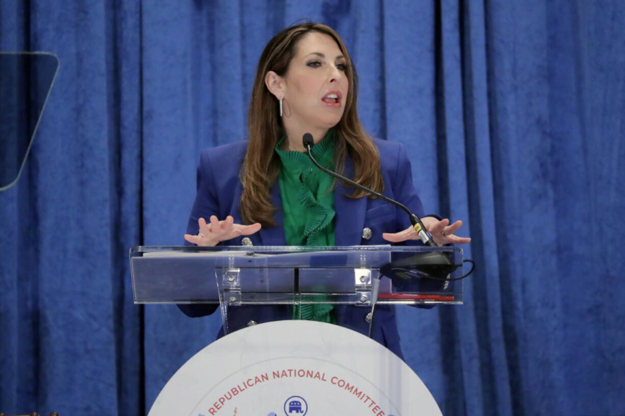 Ronna McDaniel, the outgoing Republican National Committee chairwoman, gives her last speech in the position at the general session of the RNC Spring Meeting Friday, March 8, 2024, in Houston. McDaniel is succeeded as Chairman by Michael Whatley, who won by unanimous voice vote.