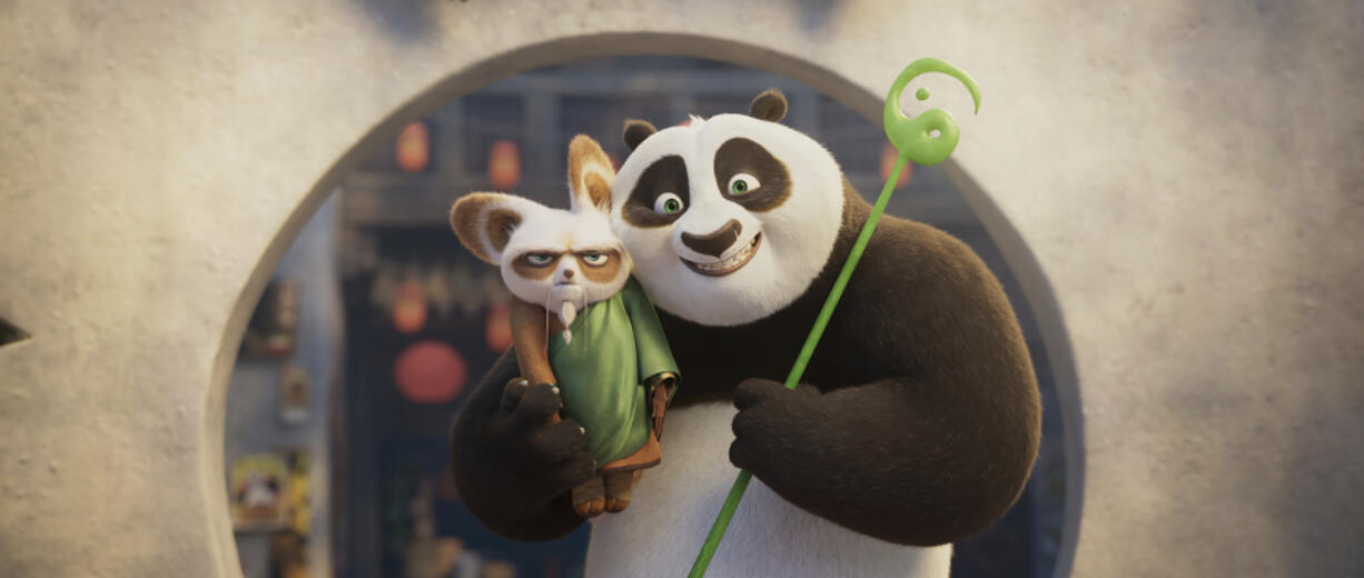 This image released by Universal Pictures shows characters Shifu, voiced by Dustin Hoffman, left, and Po, voiced by Jack Black in a scene from DreamWorks Animation&rsquo;s &ldquo;Kung Fu Panda 4.&rdquo; (DreamWorks Animation/Universal Pictures via AP)