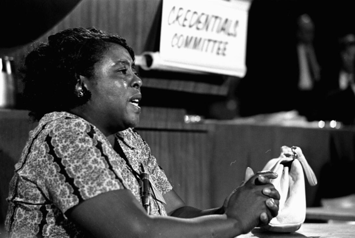 FILE-In this Aug. 22, 1964 photograph, Fannie Lou Hamer, a leader of the Freedom Democratic party, speaks before the credentials committee of the Democratic national convention in Atlantic City, N.J.