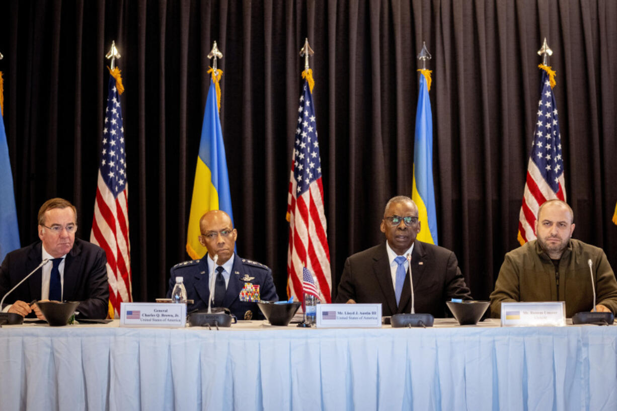 From left, German Defence Minister Boris Pistorius, General Charles Q. Brown, US Defense Secretary Lloyd Austin and Ukrainian Defence Minister Rustem Umerov, attend the meeting of the &lsquo;Ukraine Defense Contact Group&rsquo; at Ramstein Air Base in Ramstein, Germany, Tuesday, March 19, 2024. Austin vowed Tuesday that the U.S. will continue to support Ukraine&rsquo;s war effort against Russia, even as the U.S. Congress remains stalled over funding to send additional weapons to the front.