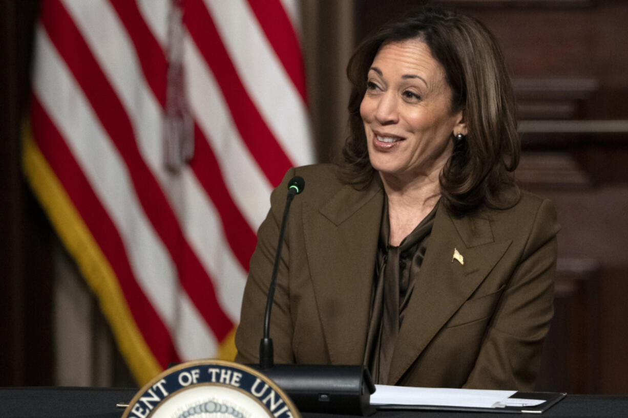 Vice President Kamala Harris speaks as she meets with voting rights leaders, in the Indian Treaty Room, Tuesday, Feb. 27, 2024, of the Eisenhower Executive Office Building on the White House complex in Washington.