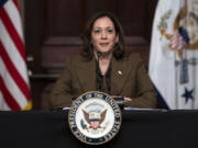Vice President Kamala Harris speaks as she meets with voting rights leaders, in the Indian Treaty Room, Tuesday, Feb. 27, 2024, of the Eisenhower Executive Office Building on the White House complex in Washington.