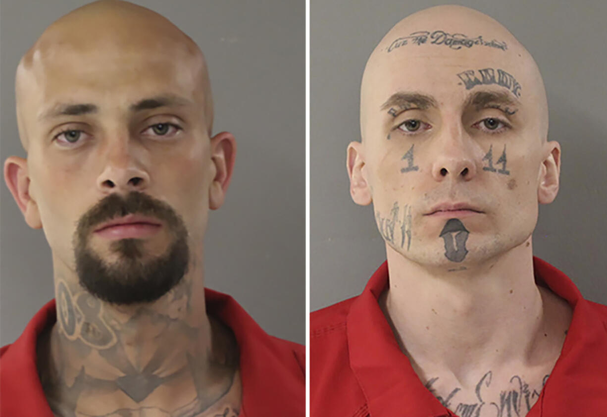 This photo combo provided by Twin Falls County Sheriff&#039;s Office in Idaho shows from left, Nicholas Umphenour and Skylar Meade.  Meade and Umphenour  were arrested in Twin Falls, Idaho, on Thursday, March 21, 2024, about 36 hours after Umphenour shot two Idaho corrections officers as they were preparing to return Meade to prison from a hospital, police said. They were due to be arraigned Friday.
