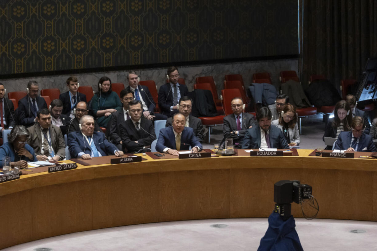 Zhang Jun, Ambassador and Permanent Representative of China to the United Nations, speaks during a Security Council meeting at United Nations headquarters, Friday, March. 22, 2024.