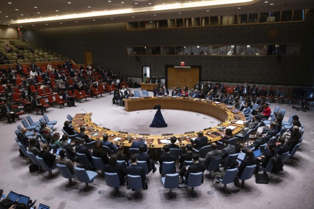 A general view shows a Security Council meeting at United Nations headquarters, Friday, March. 22, 2024.