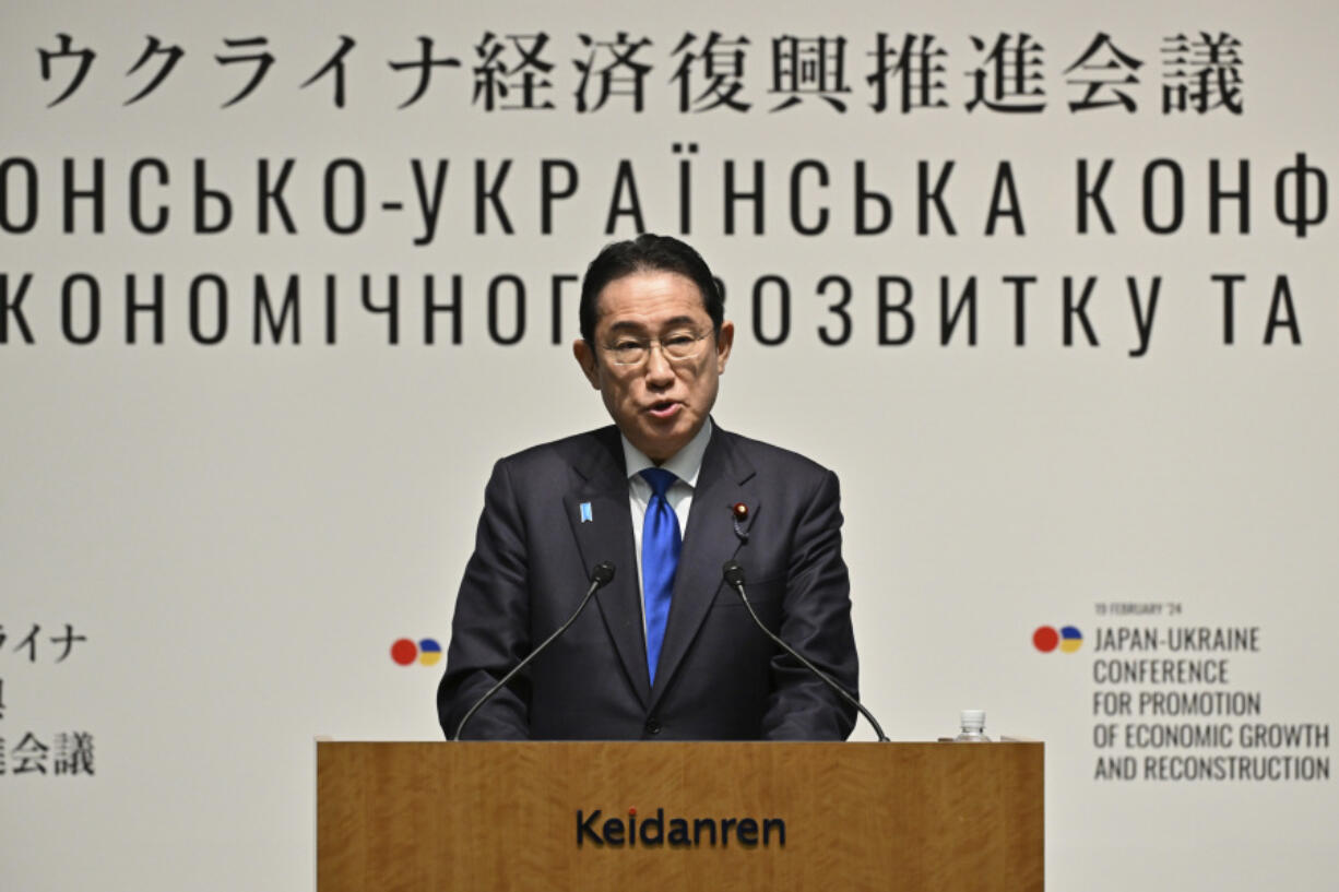 Japanese Prime Minister Fumio Kishida delivers a speech during the Japan-Ukraine Conference for Promotion of Economic Growth and Reconstruction at Keidanren Kaikan building in Tokyo, Monday, Feb. 19, 2024.