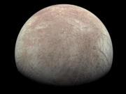 Jupiter&rsquo;s moon Europa is captured by the Juno spacecraft on Sept. 29, with north to the left. Research published March 4 suggests there&rsquo;s less oxygen on the icy surface of Europa than previously thought. (Kevin M.