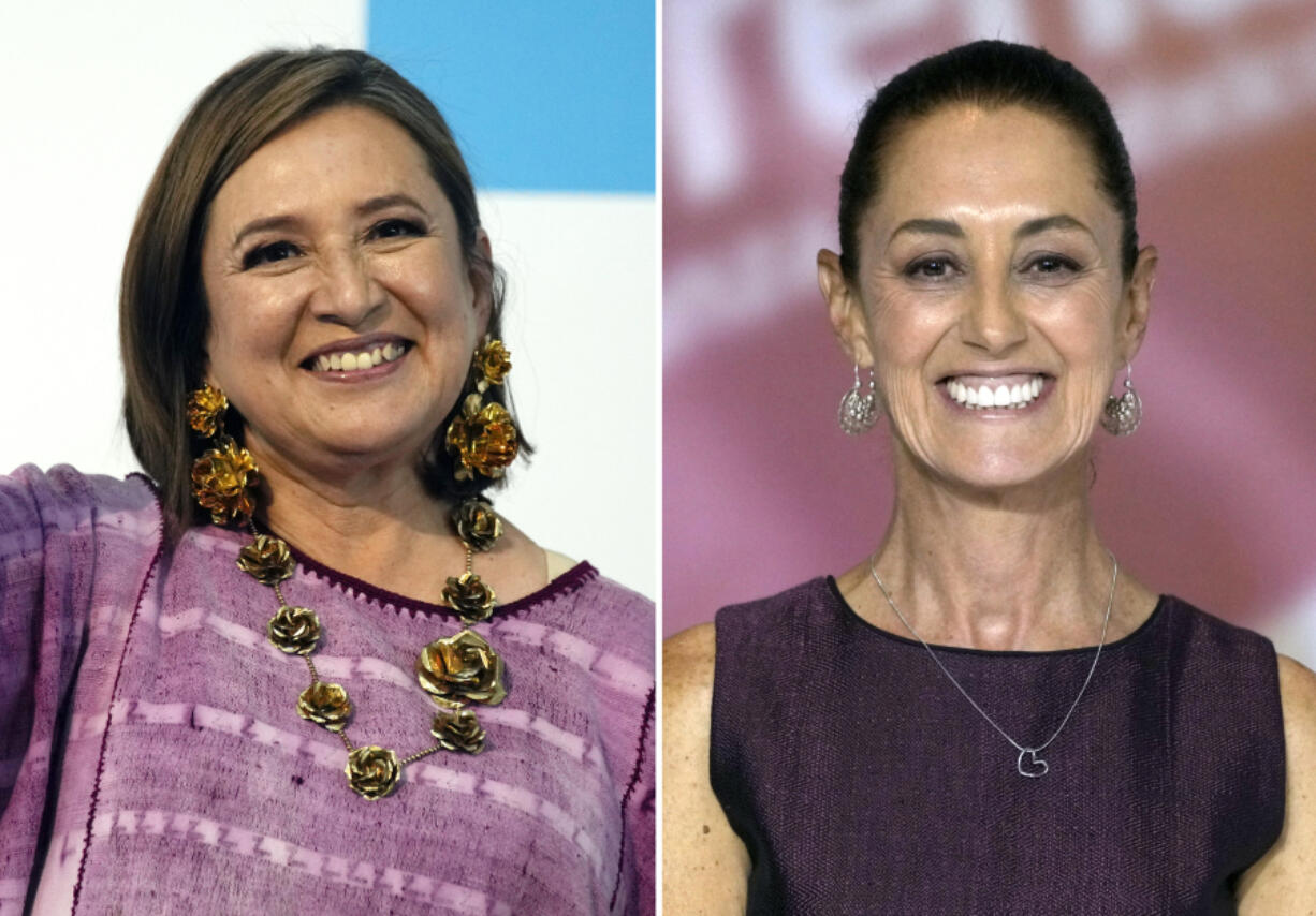 FILES - This combination of two file photos shows Xochitl Galvez, at left, arriving to register her name as a presidential candidate on July 4, 2023 in Mexico City, and at right, Claudia Sheinbaum at an event that presented her as her party&rsquo;s presidential nominee on Sept. 6, 2023 in Mexico City.