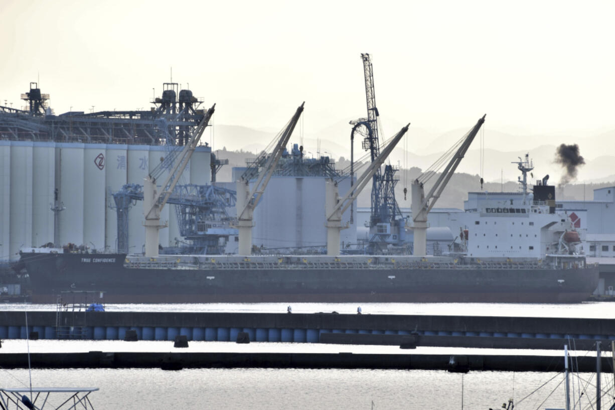 The bulk carrier True Confidence is seen at Shimizu Port in Japan on July 6, 2023. A missile attack by Yemen&rsquo;s Houthi rebels on the ship in the Gulf of Aden on Wednesday, March 6, 2024, killed three of its crew members and forced survivors to abandon the vessel, the U.S. military said. It was the first fatal strike in a campaign of assaults by the Iranian-backed group over Israel&rsquo;s war on Hamas in the Gaza Strip.