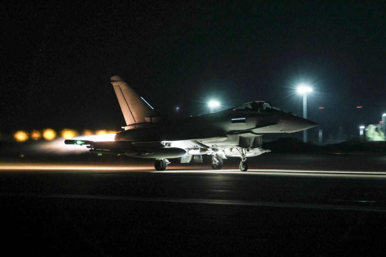 In this photo provided by Britain&rsquo;s Ministry of Defense, a Royal Air Force Typhoon aircraft takes off to join others in conducting further strikes against Houthi targets in Yemen, Saturday, Feb. 24, 2024. The strikes answer a recent surge in attacks by the Iran-backed militia group on ships in the Red Sea and Gulf of Aden. (Cpl.