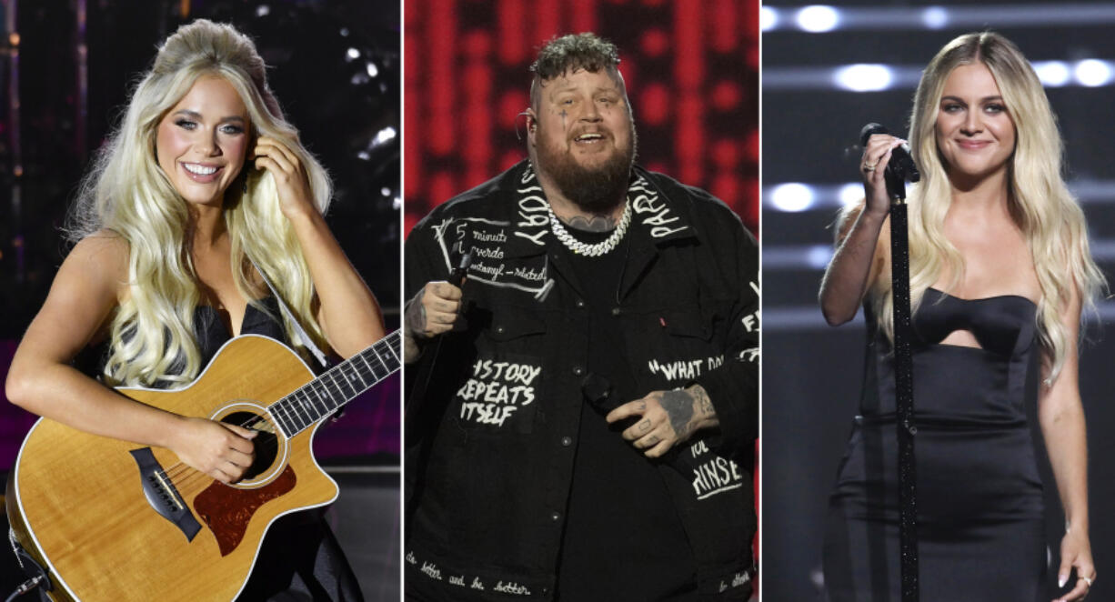 This combination of photos shows country music stars Megan Moroney, left, performing April 2, 2023, in Austin, Texas, Jelly Roll performing Feb. 2, 2024, in Los Angeles, center, and Kelsea Ballerini performing Sept. 11, 2023, in Newark, N.J.