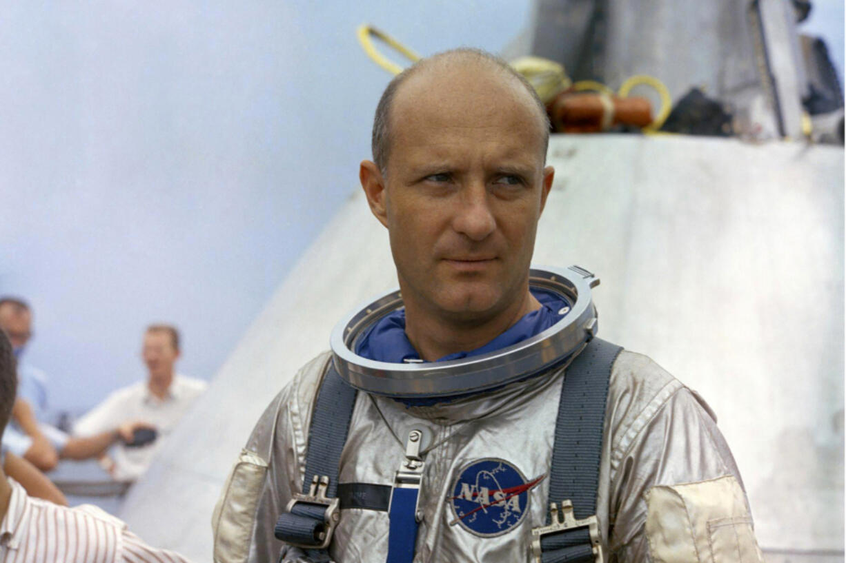 This Aug. 23, 1965 photo provided by NASA shows astronaut Thomas P. Stafford, near the NASA Motor Vessel Retriever in the Gulf of Mexico during training. Stafford, who commanded a dress rehearsal flight for the 1969 moon landing and the first U.S.-Soviet space linkup, died Monday, March 18, 2024. He was 93.