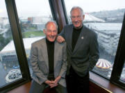 FILE - Legendary Seattle mountain climbers twin brothers Jim, left, and Lou Whittaker celebrate their 80th birthday with a party at the Space Needle in Seattle, Tuesday Feb. 10, 2009. Lou Whittaker, a Seattle-born and -raised mountaineer and glacier travel guide who climbed Mount Rainier more than 250 times, died Sunday, March 24, 2024. He was 95.