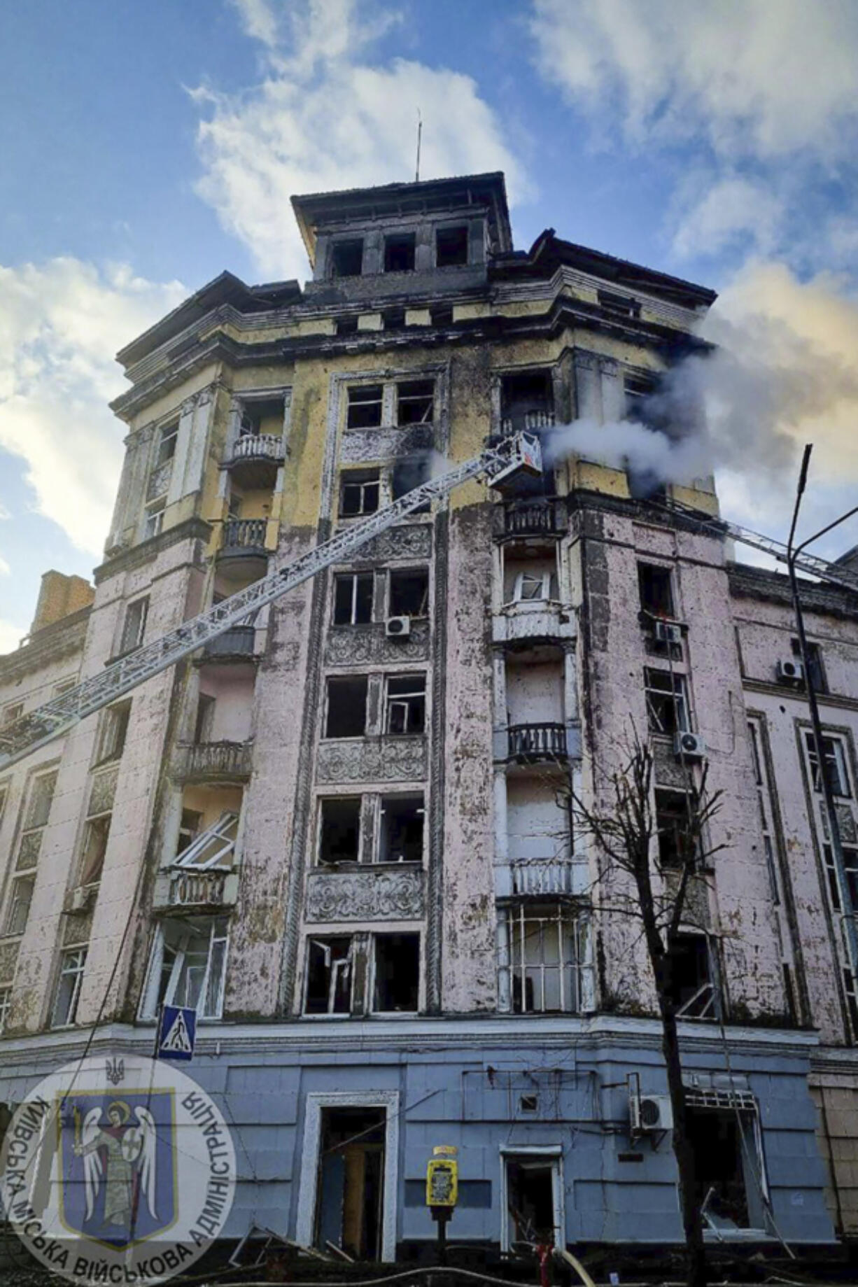 In this photo provided by Serhii Popko, the head of the city&rsquo;s military administration, firefighters work at the site after Russian attacks in Kyiv, Ukraine, Thursday, March 21, 2024. Around 30 cruise and ballistic missiles were shot down over Kyiv on Thursday morning, according Serhii Popko. The missiles were entering Kyiv simultaneously from various directions in a first missile attack on the capital in 44 days.