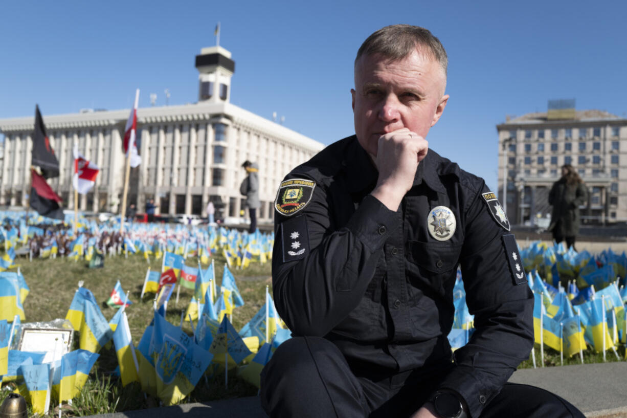 Ukrainian police officer Volodymyr Nikulin poses for a photo in downtown Kyiv, Monday March 11, 2024. Nikulin helped Associated Press journalists during the siege of Mariupol, in the early days of Russia&rsquo;s invasion of Ukraine in 2022, while filming &ldquo;20 Days in Mariupol&rdquo; which won the best documentary Oscar on Sunday night.