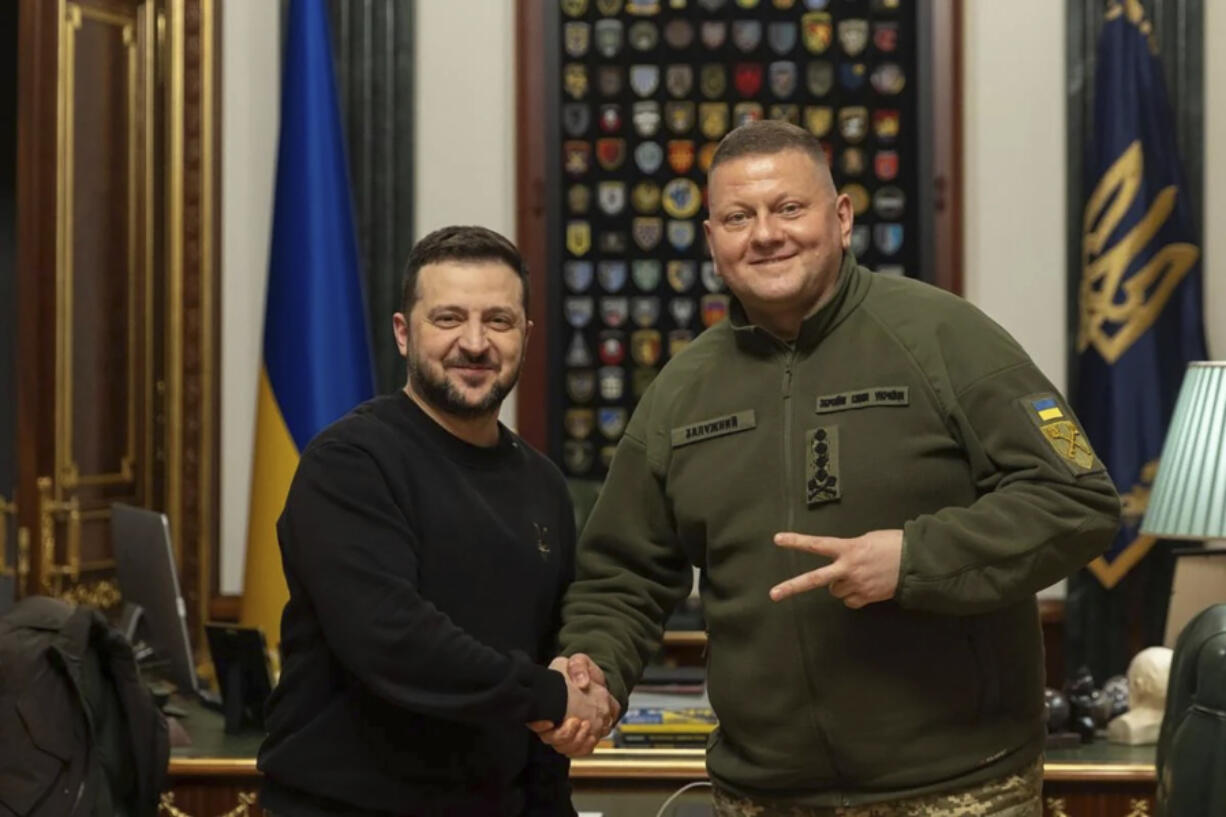 FILE - In this photo provided by the Ukrainian Presidential Press Office, Ukrainian President Volodymyr Zelenskyy, left, shakes hands with Commander-in-Chief of Ukraine&rsquo;s Armed Forces Valerii Zaluzhnyi during their meeting in Kyiv, Ukraine, Thursday, Feb. 8, 2024. Zelenskyy&rsquo;s decision to dismiss Zaluzhnyi disappointed many Ukrainians and worried its Western allies.