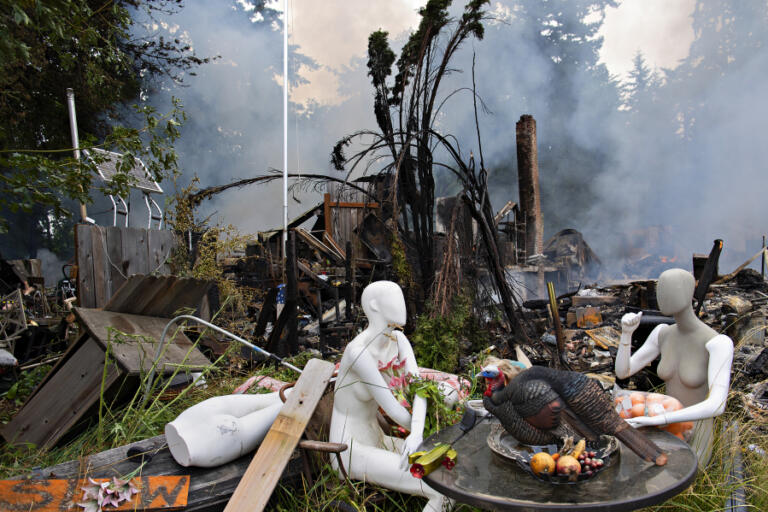 It was a bizarre scene when Steve Slocum&rsquo;s property near Battle Ground &mdash; a landscape full of mannequins and lots of other stuff &mdash; burned on July 5, 2021.