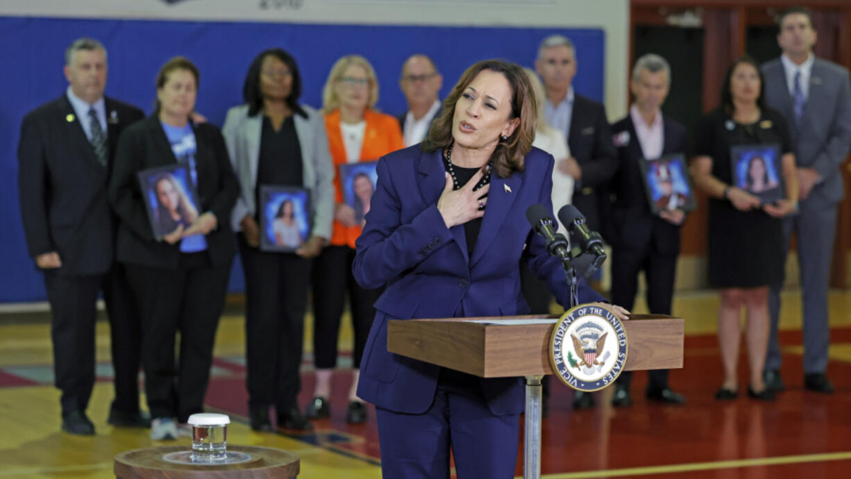 Vice President Kamala Harris speaks to the media after she and the White House Office of Gun Violence Prevention met with families whose loved ones were murdered during the 2018 mass shooting that took the lives of 14 students and three staff members at Marjory Stoneman Douglas High School in Parkland, Fla., Saturday, March 23, 2024.