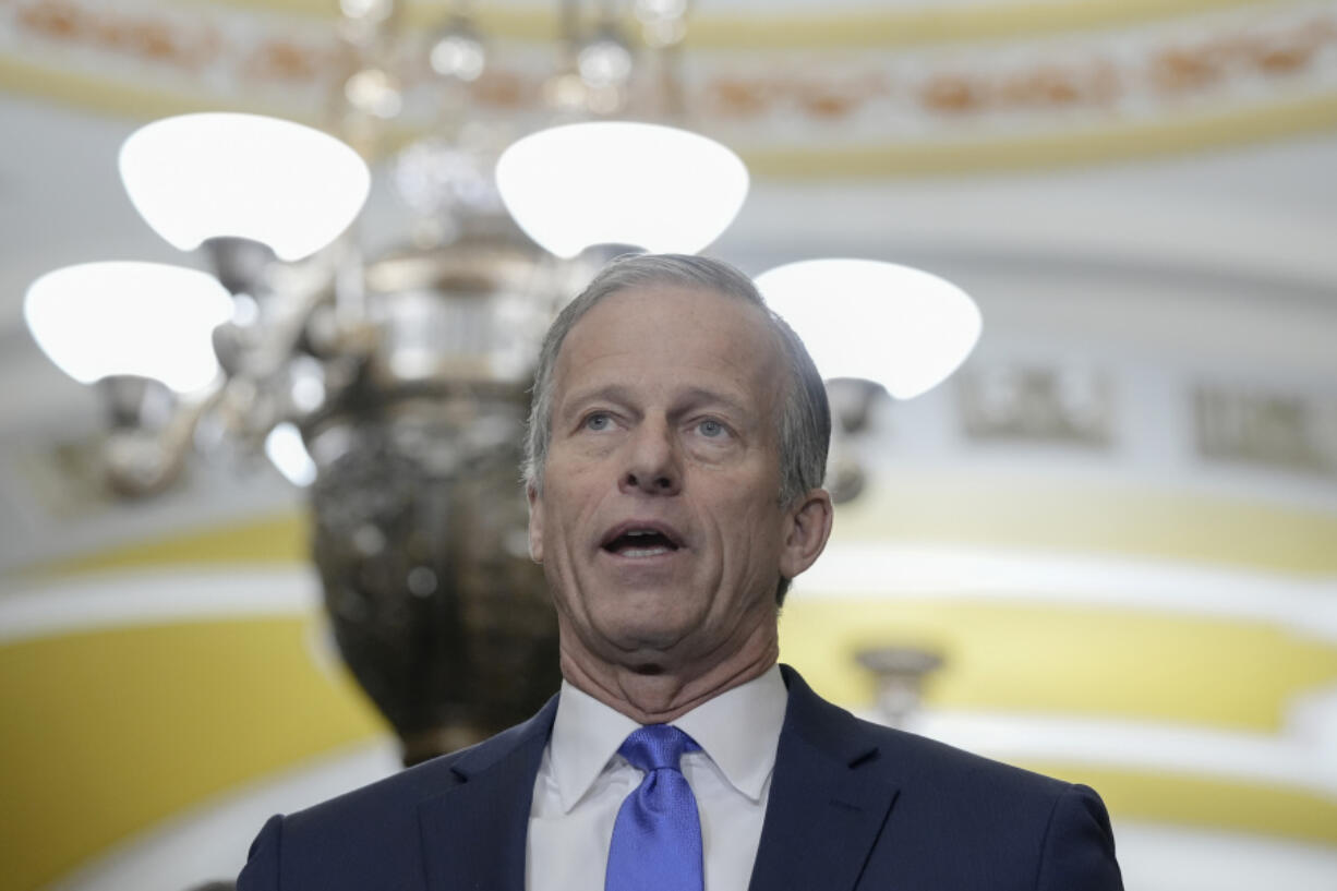 Senator John Thune, R-S.D., talks after a policy luncheon on Capitol Hill Tuesday, Feb. 27, 2024, in Washington.